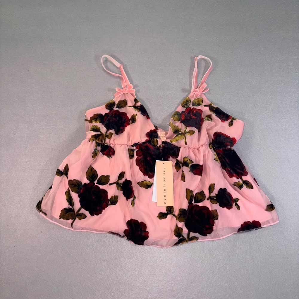 Evolutionary Pink Velvet Rose Burnout Babydoll Cami Top Y2K Large NWT
